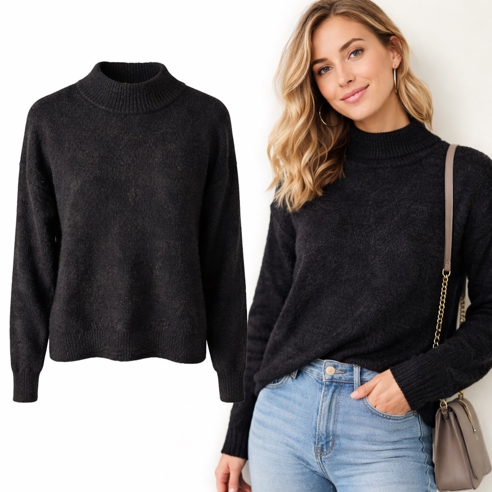 CALIA Black Fuzzy Knit Mock Neck Cozy Pullover Sweater XS